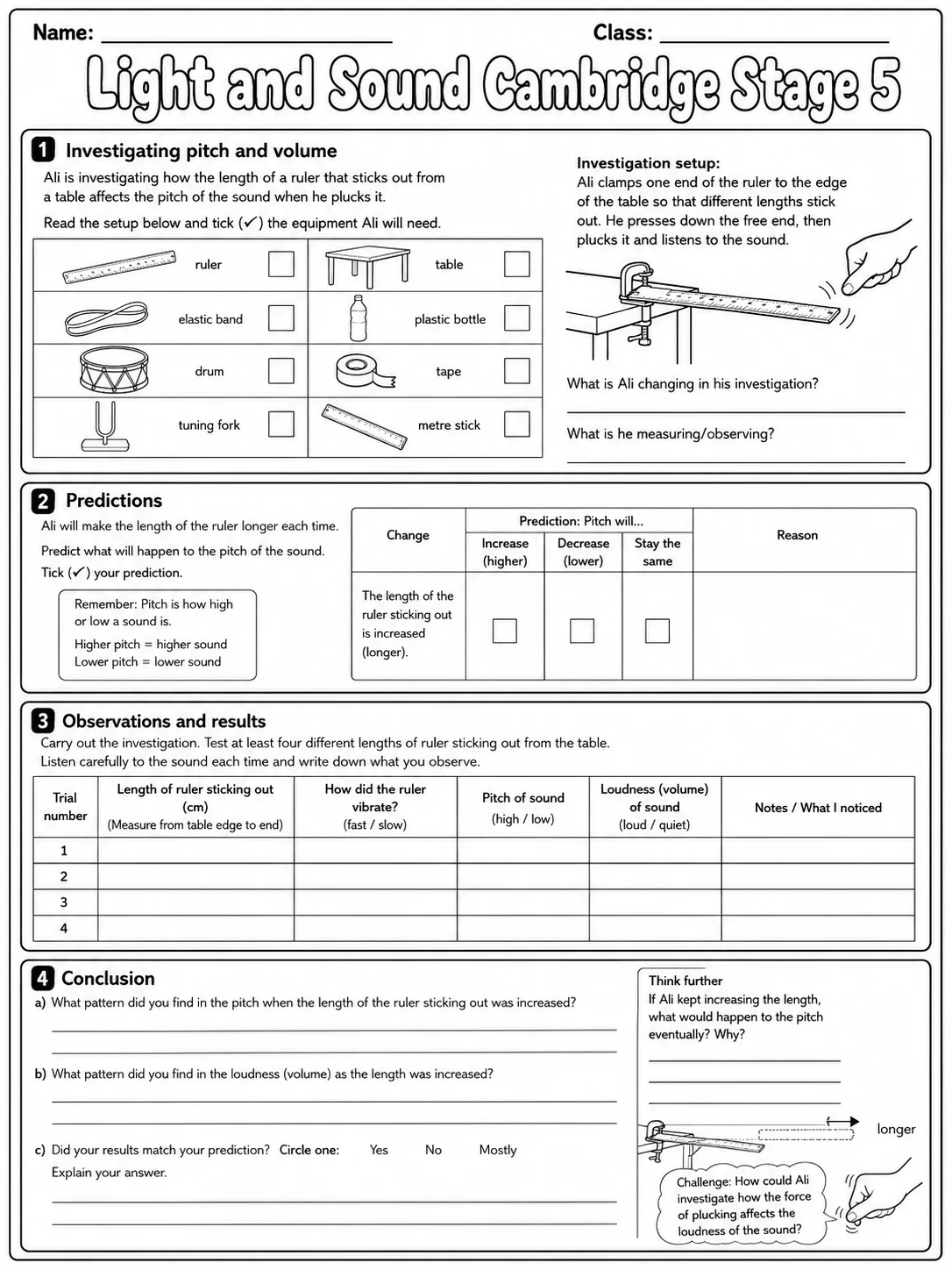 Light and Sound Cambridge Stage 5 page 8 printable Cambridge science worksheet preview