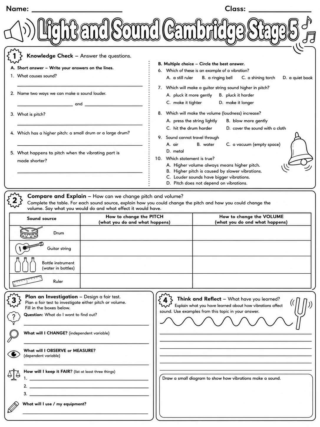 Light and Sound Cambridge Stage 5 page 10 printable Cambridge science worksheet preview