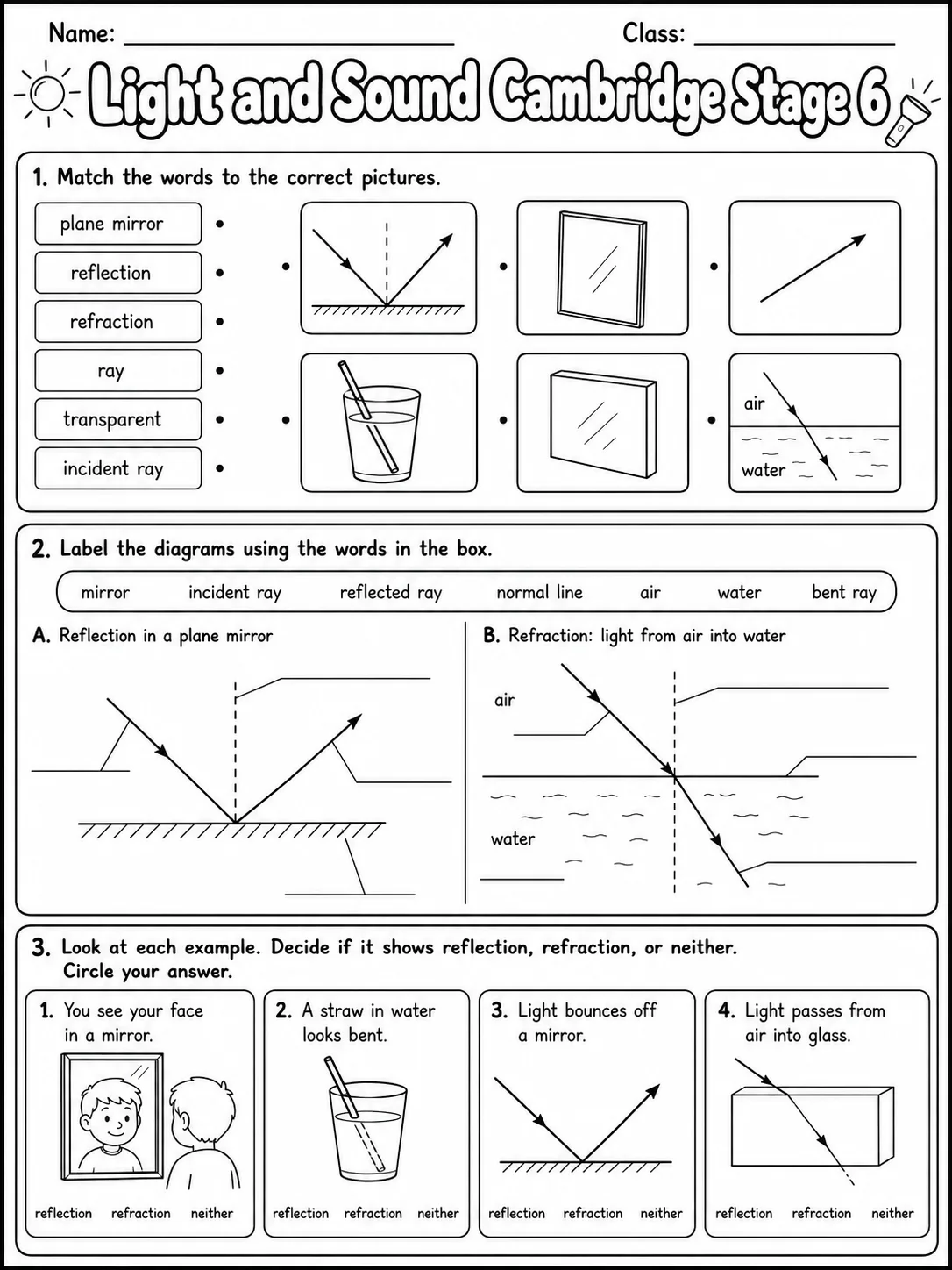 Light and Sound Cambridge Stage 6 printable Cambridge Primary Science Stage 6 worksheet preview from KiwiBee