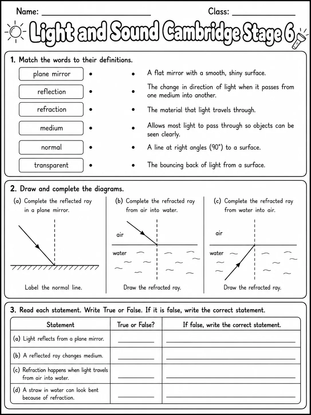 Light and Sound Cambridge Stage 6 page 2 printable Cambridge science worksheet preview