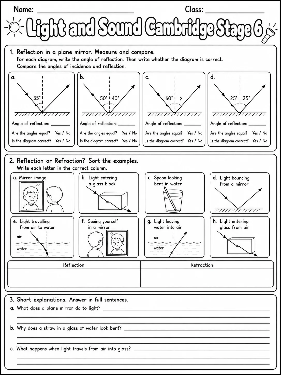 Light and Sound Cambridge Stage 6 page 3 printable Cambridge science worksheet preview