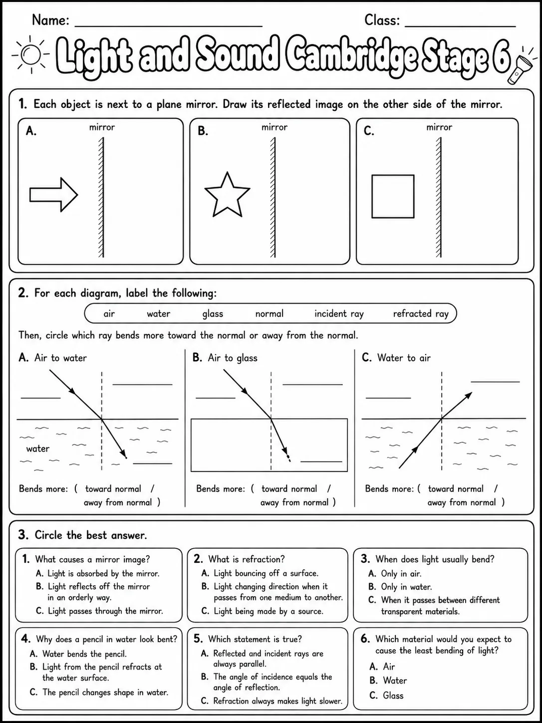 Light and Sound Cambridge Stage 6 page 4 printable Cambridge science worksheet preview