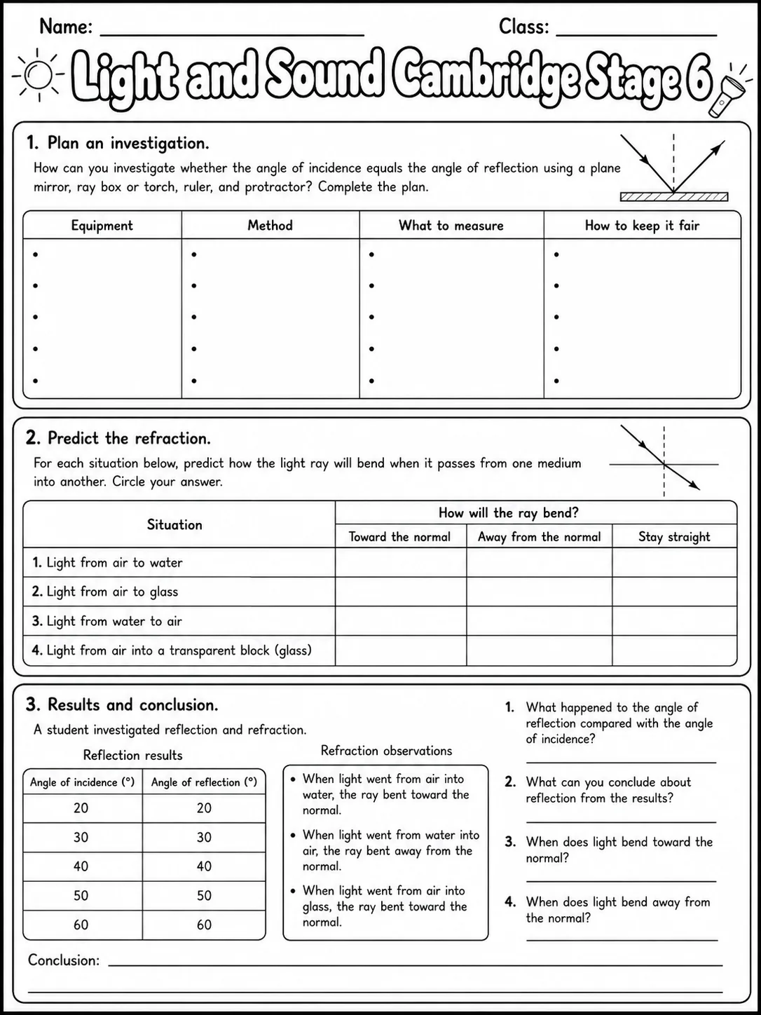 Light and Sound Cambridge Stage 6 page 5 printable Cambridge science worksheet preview