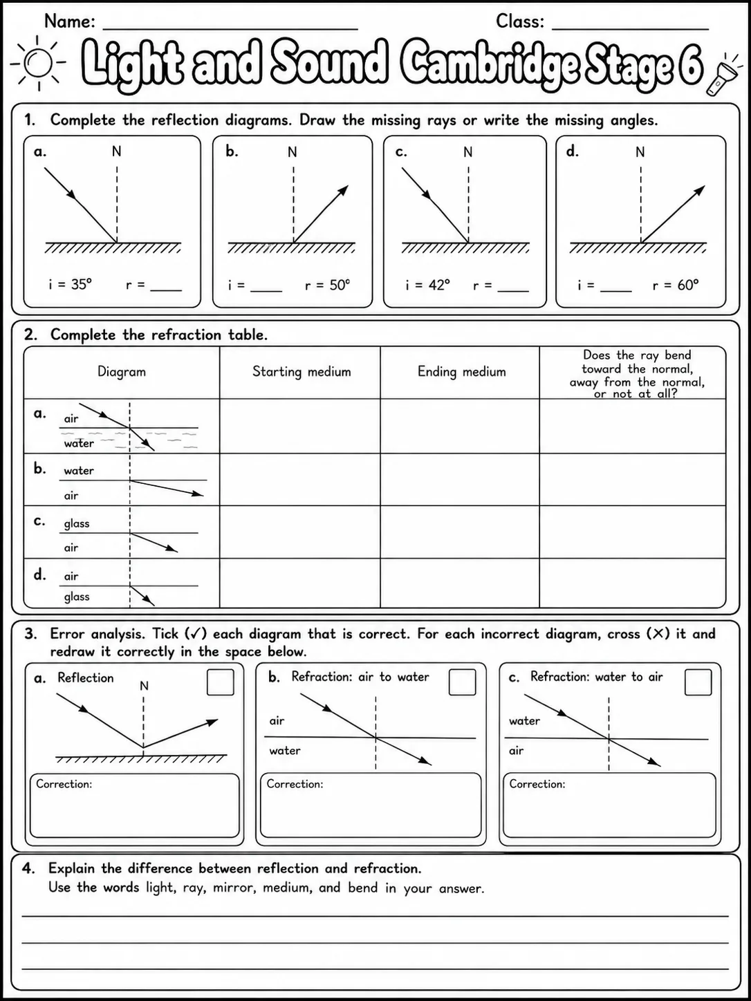Light and Sound Cambridge Stage 6 page 6 printable Cambridge science worksheet preview