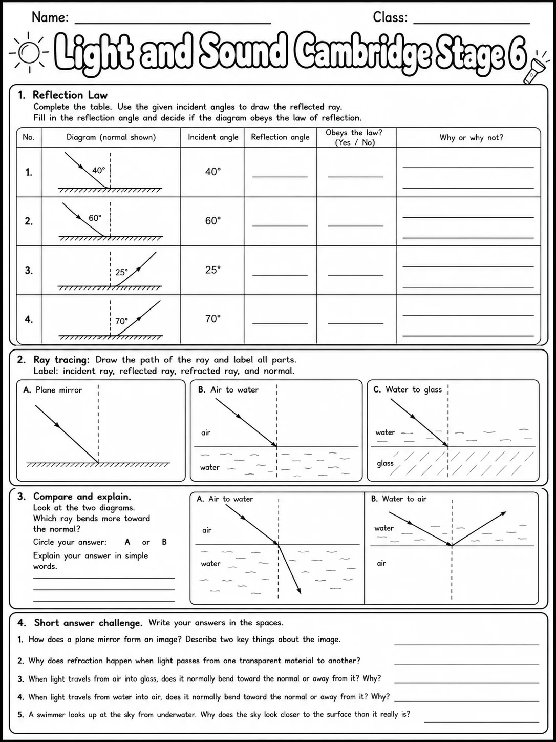 Light and Sound Cambridge Stage 6 page 7 printable Cambridge science worksheet preview