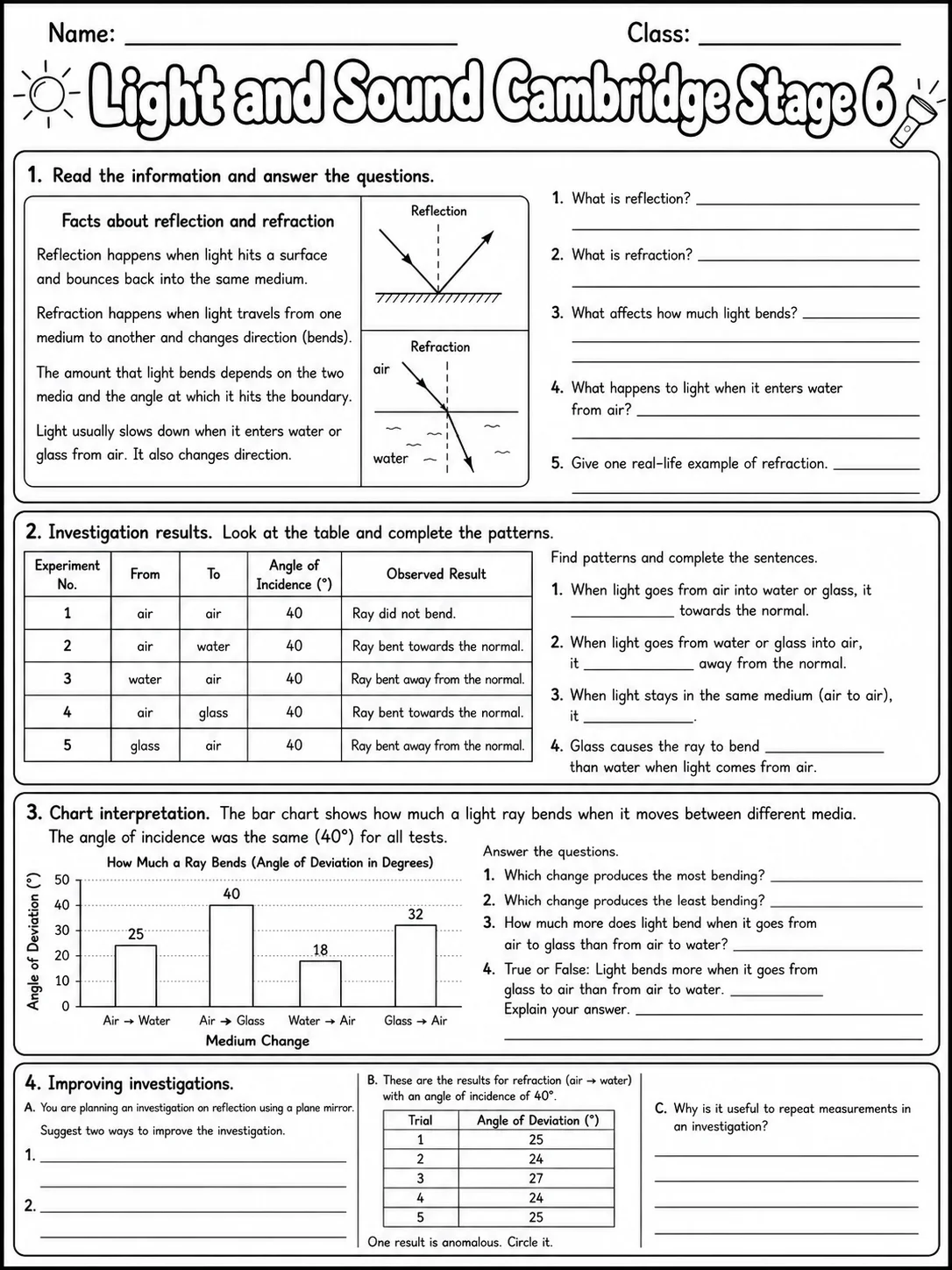 Light and Sound Cambridge Stage 6 page 8 printable Cambridge science worksheet preview
