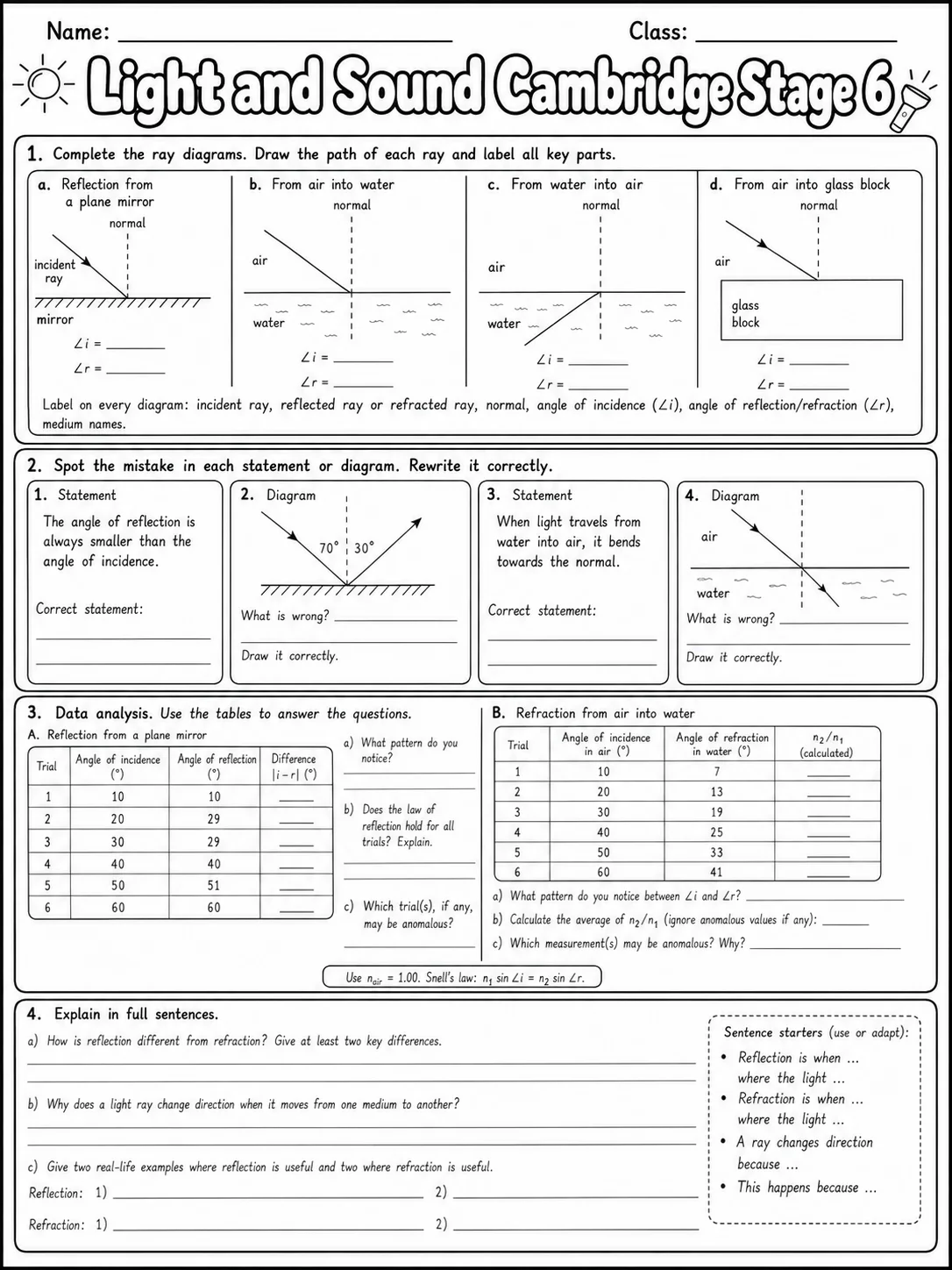 Light and Sound Cambridge Stage 6 page 9 printable Cambridge science worksheet preview