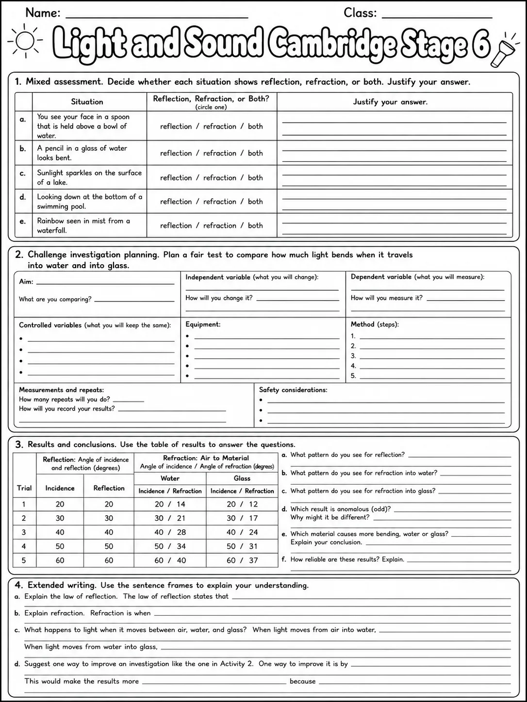 Light and Sound Cambridge Stage 6 page 10 printable Cambridge science worksheet preview