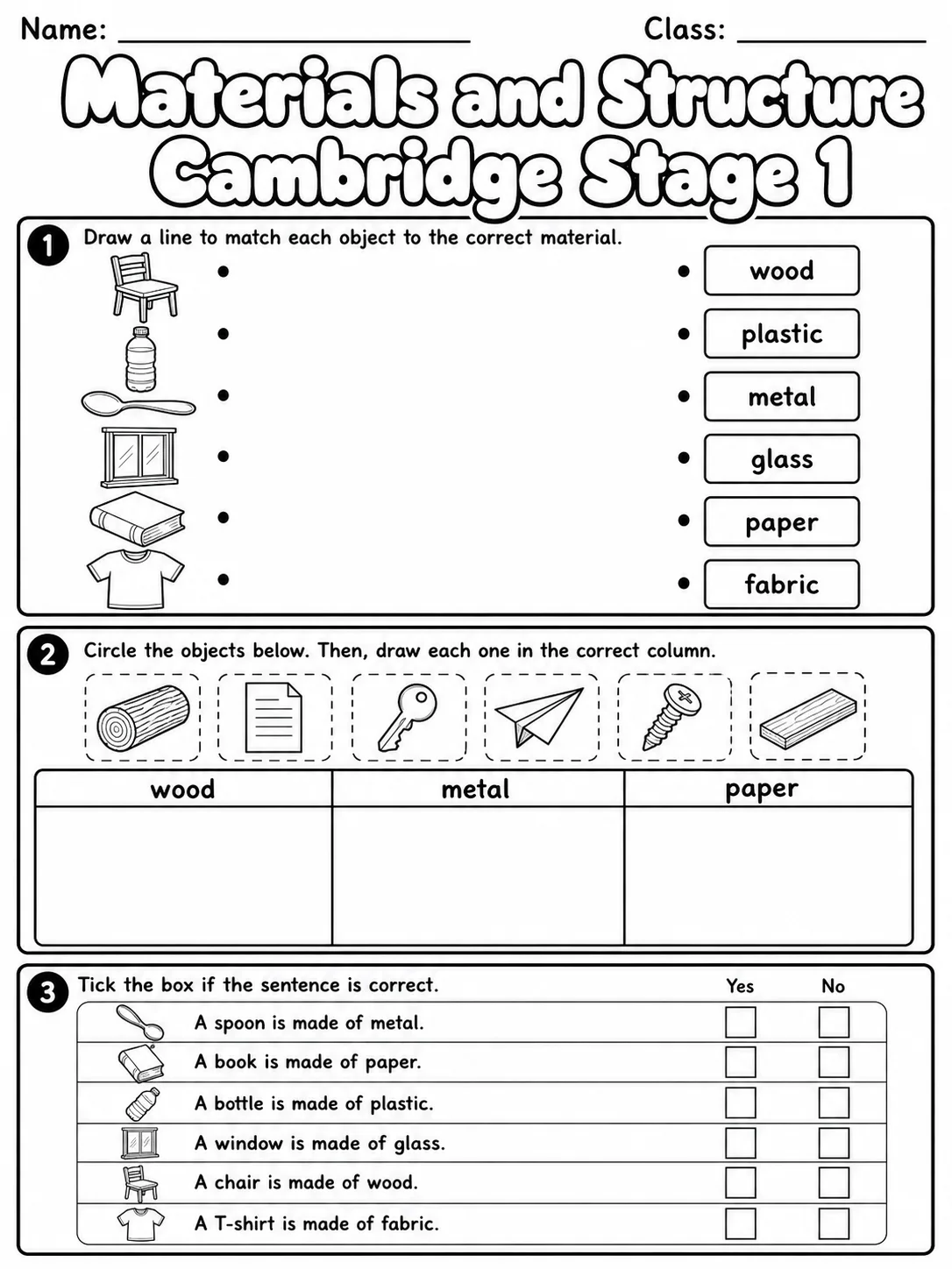 Materials and Structure Cambridge Stage 1 printable Cambridge Primary Science Stage 1 worksheet preview from KiwiBee