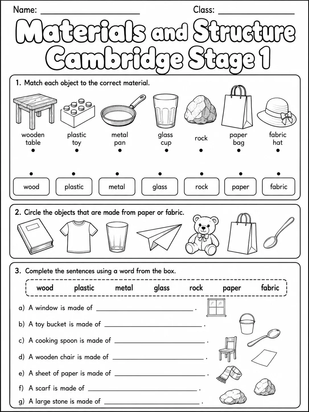 Materials and Structure Cambridge Stage 1 page 2 printable Cambridge science worksheet preview