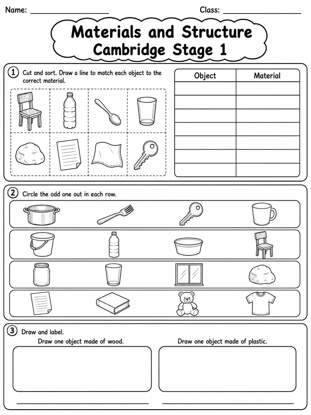 Materials and Structure Cambridge Stage 1 page 3 printable Cambridge science worksheet preview