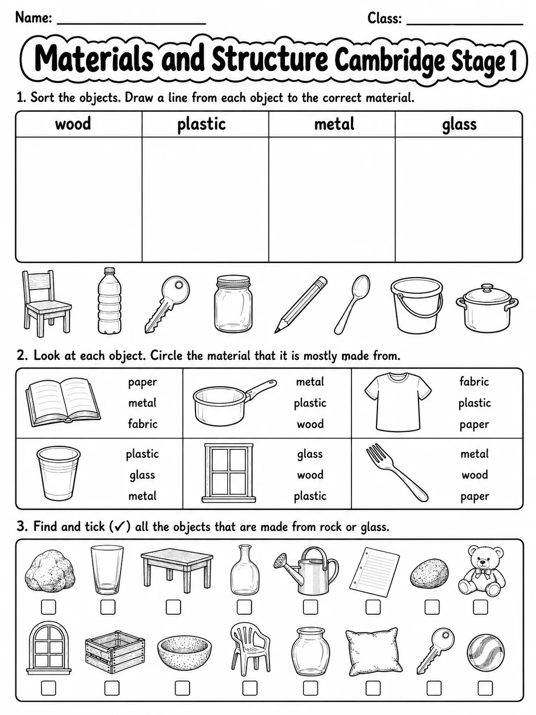 Materials and Structure Cambridge Stage 1 page 4 printable Cambridge science worksheet preview