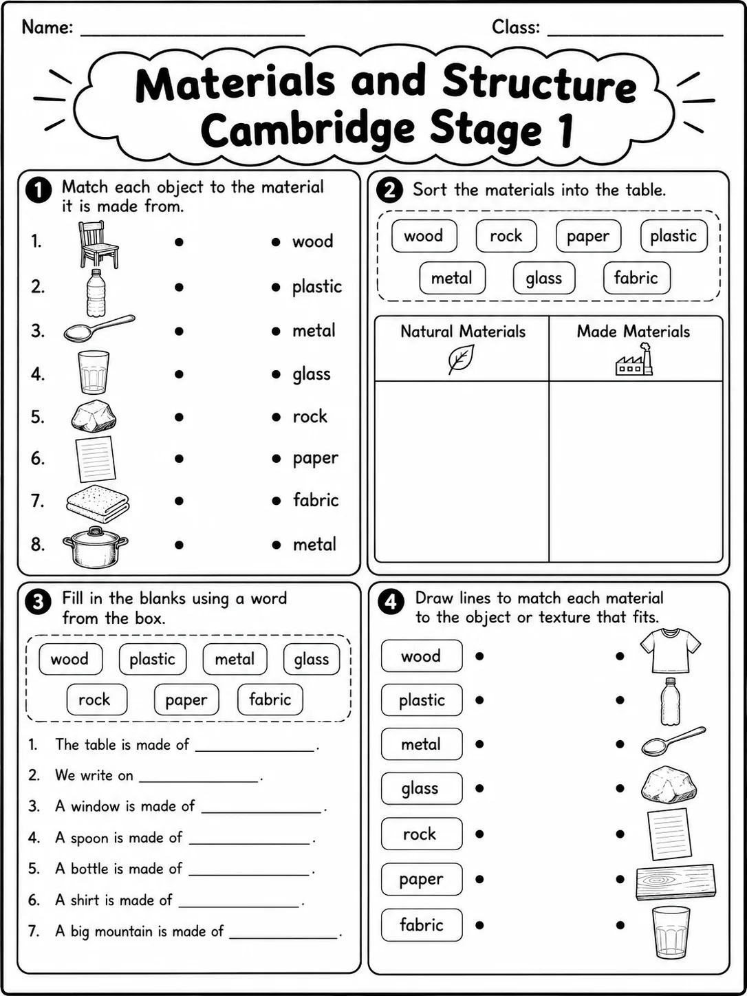 Materials and Structure Cambridge Stage 1 page 5 printable Cambridge science worksheet preview