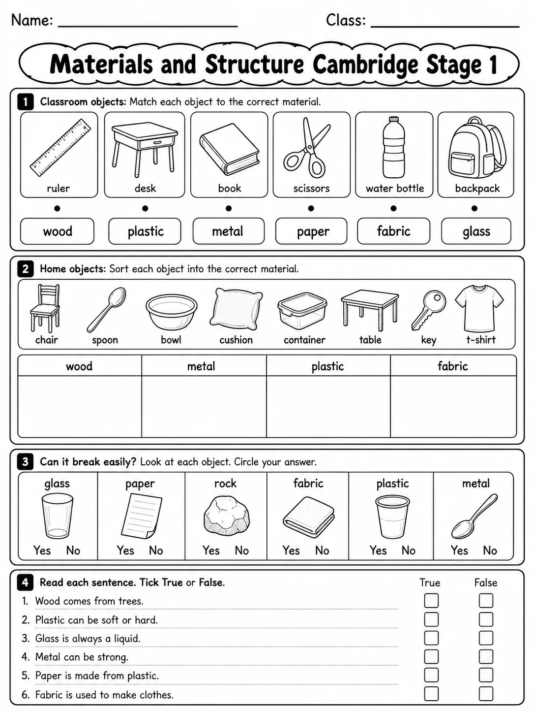 Materials and Structure Cambridge Stage 1 page 6 printable Cambridge science worksheet preview