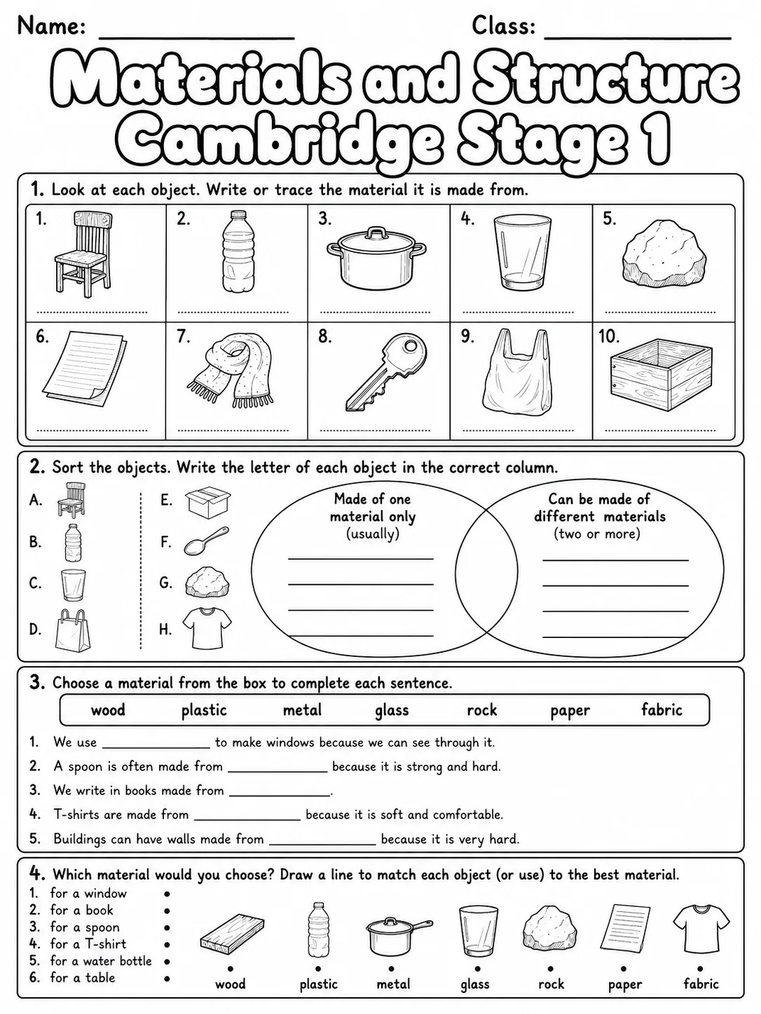 Materials and Structure Cambridge Stage 1 page 7 printable Cambridge science worksheet preview