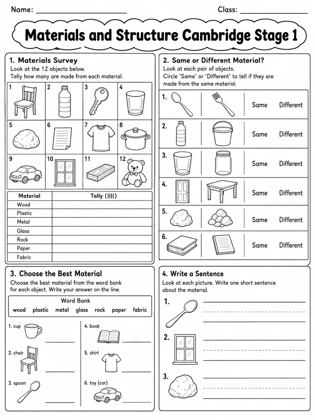 Materials and Structure Cambridge Stage 1 page 9 printable Cambridge science worksheet preview