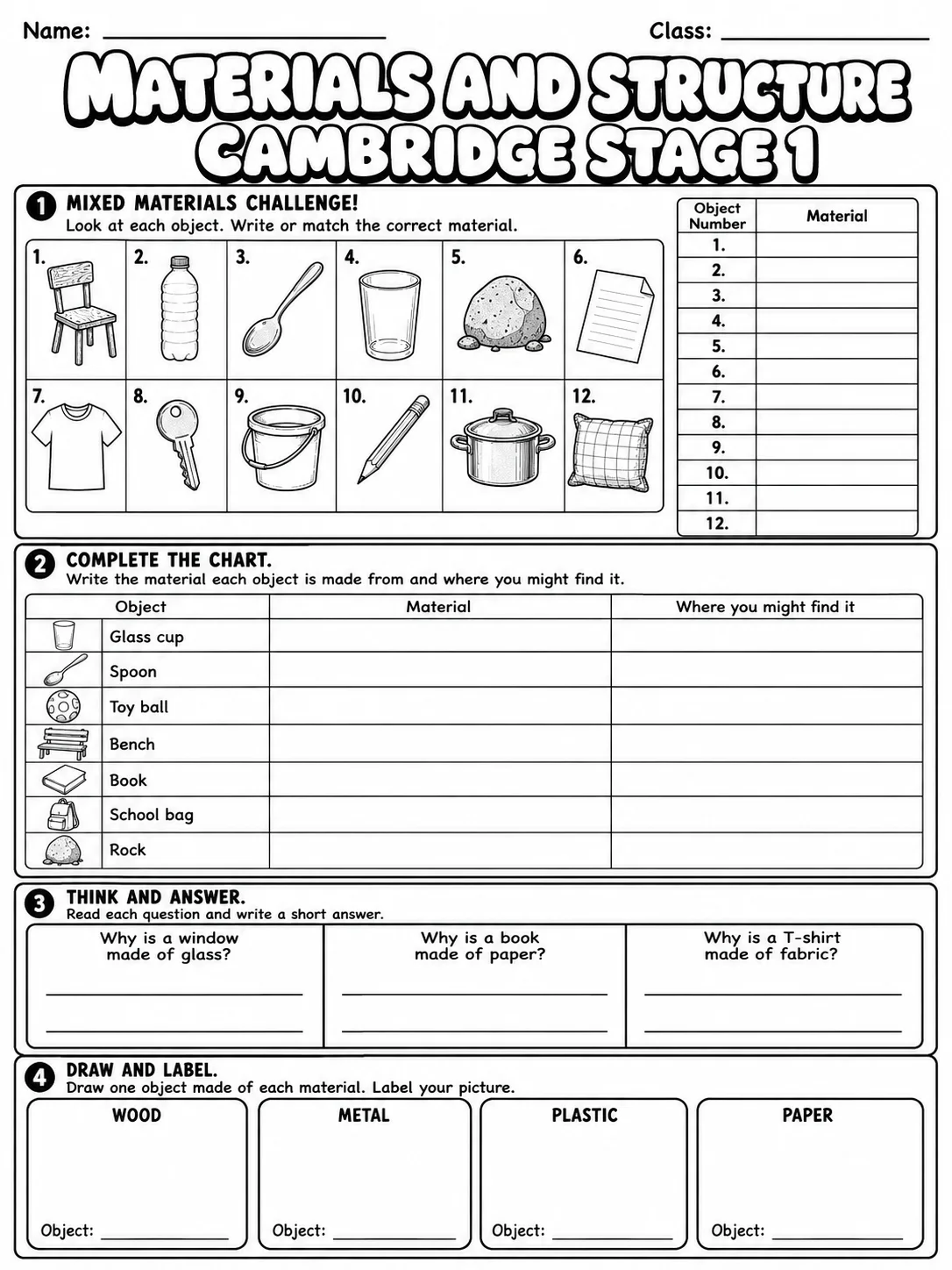 Materials and Structure Cambridge Stage 1 page 10 printable Cambridge science worksheet preview