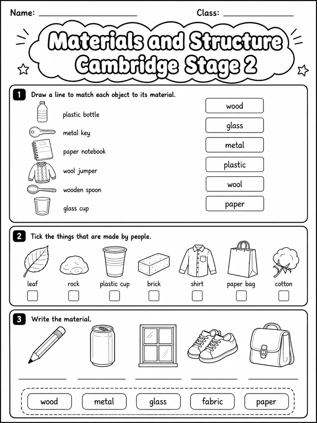 Materials and Structure Cambridge Stage 2 page 2 printable Cambridge science worksheet preview