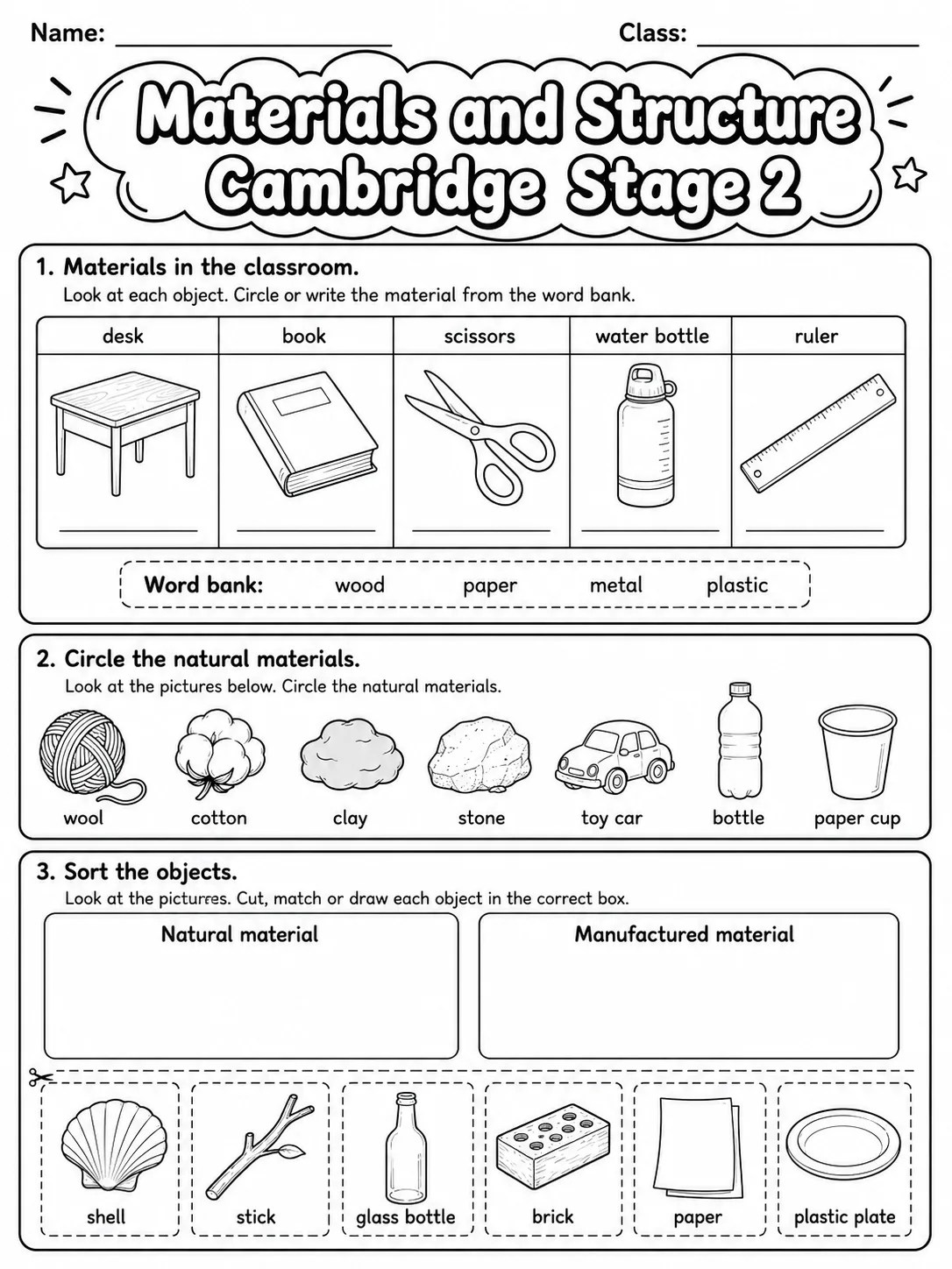 Materials and Structure Cambridge Stage 2 page 3 printable Cambridge science worksheet preview