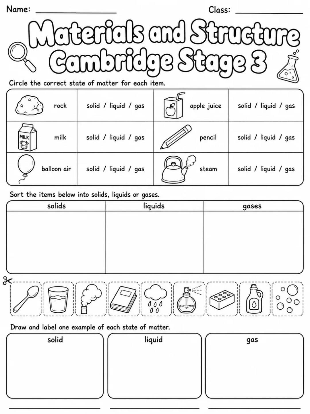 Materials and Structure Cambridge Stage 3 printable Cambridge Primary Science Stage 3 worksheet preview from KiwiBee