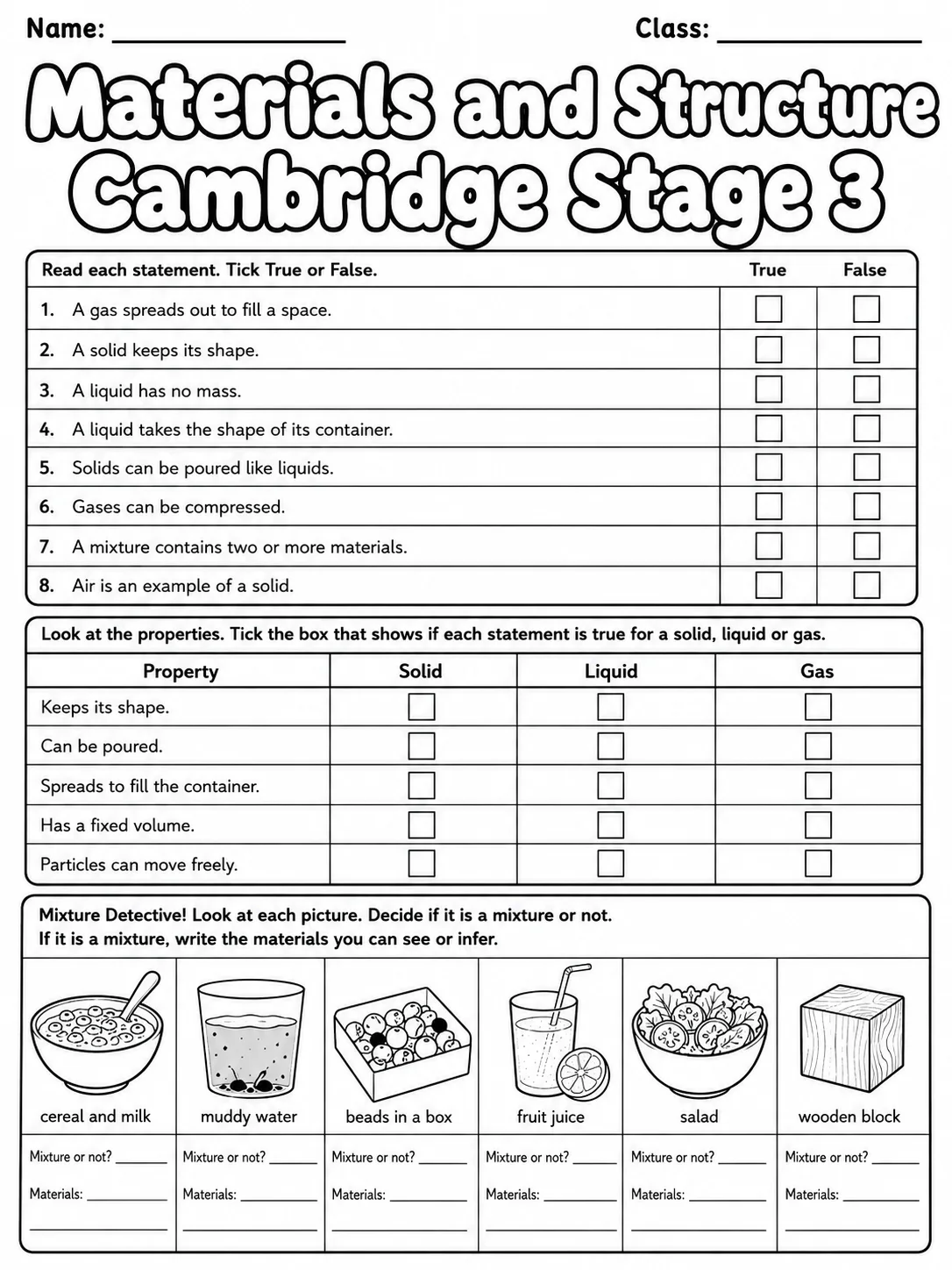 Materials and Structure Cambridge Stage 3 page 3 printable Cambridge science worksheet preview