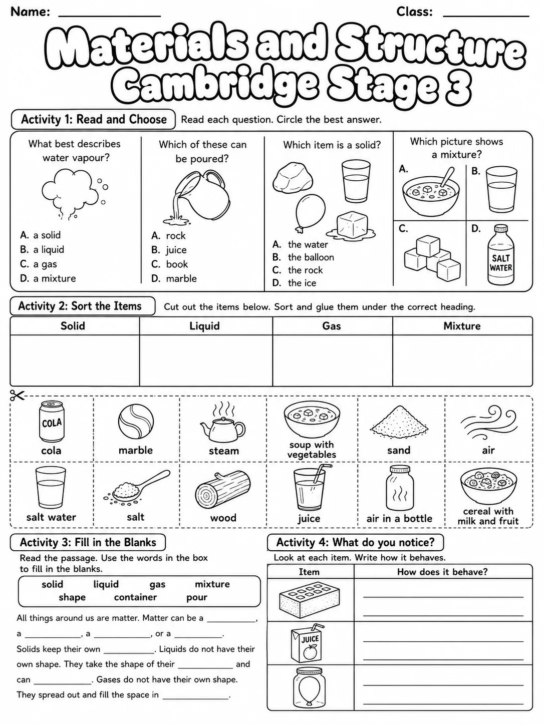Materials and Structure Cambridge Stage 3 page 5 printable Cambridge science worksheet preview