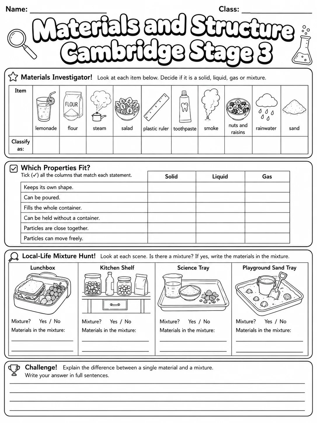 Materials and Structure Cambridge Stage 3 page 7 printable Cambridge science worksheet preview