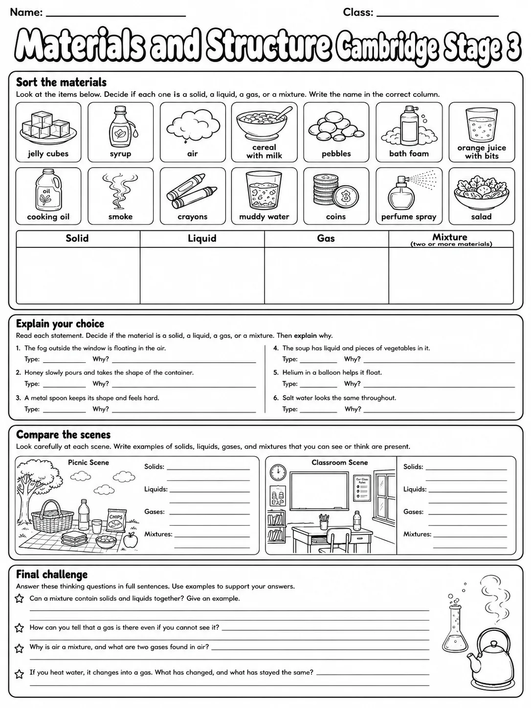 Materials and Structure Cambridge Stage 3 page 10 printable Cambridge science worksheet preview