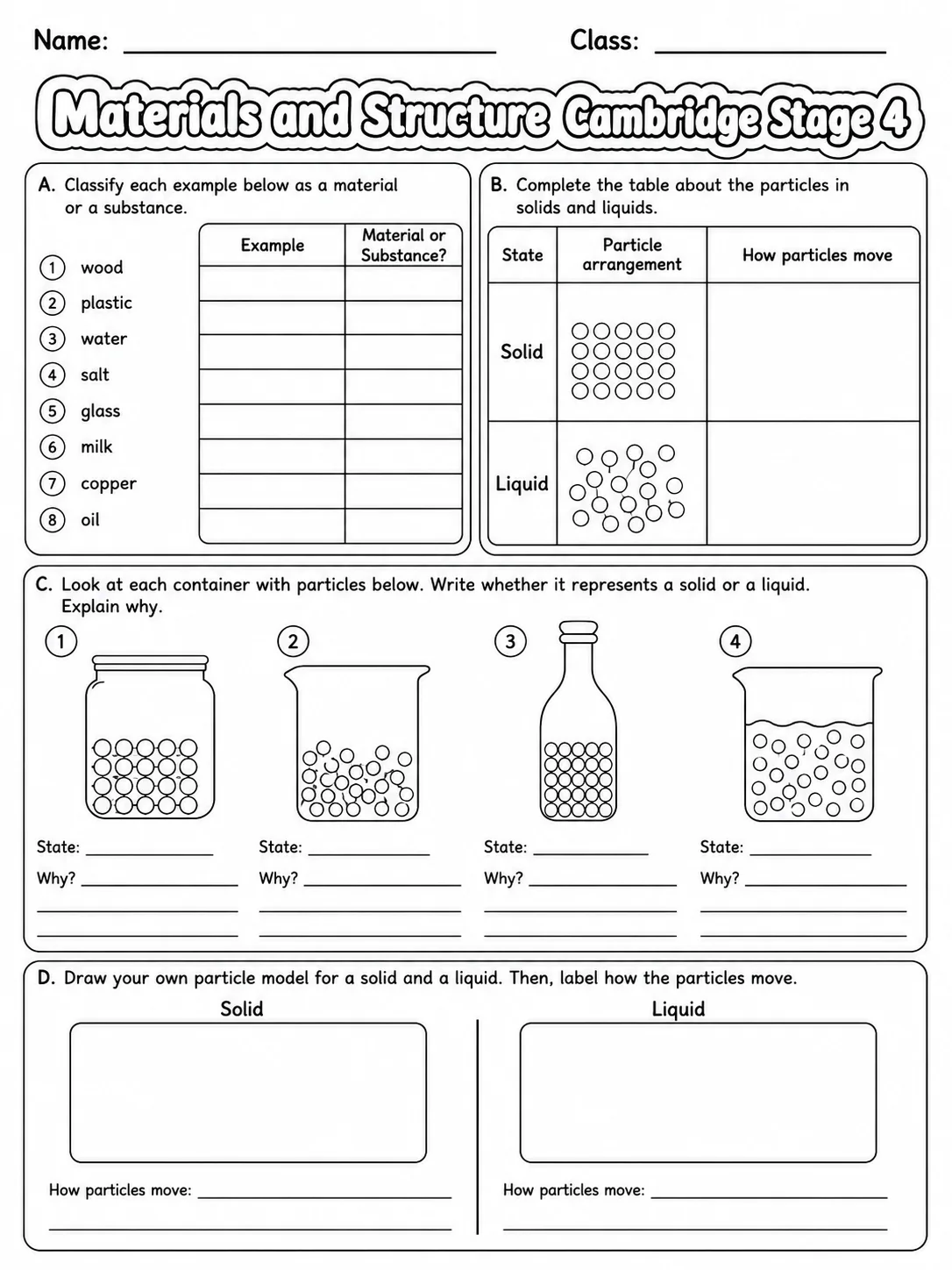 Materials and Structure Cambridge Stage 4 page 5 printable Cambridge science worksheet preview