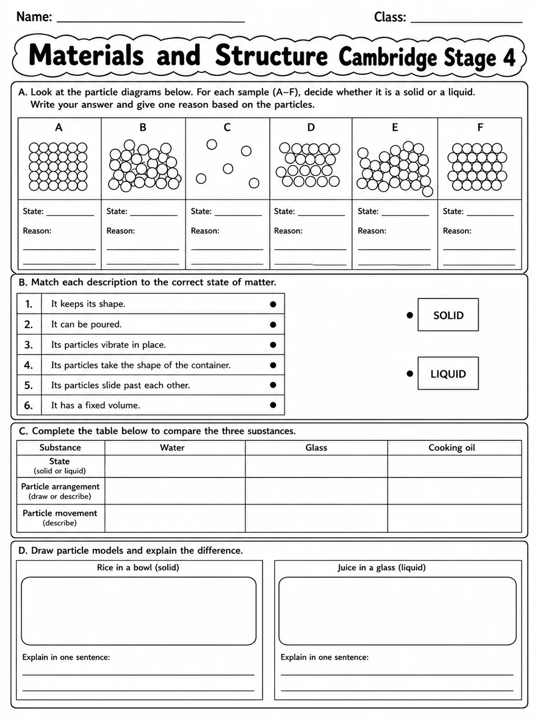 Materials and Structure Cambridge Stage 4 page 7 printable Cambridge science worksheet preview
