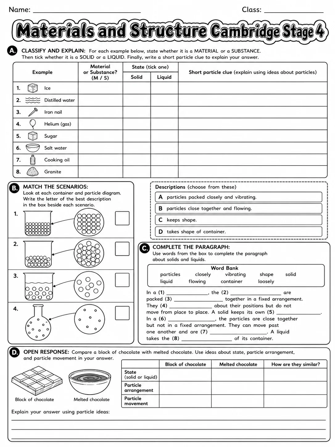 Materials and Structure Cambridge Stage 4 page 9 printable Cambridge science worksheet preview