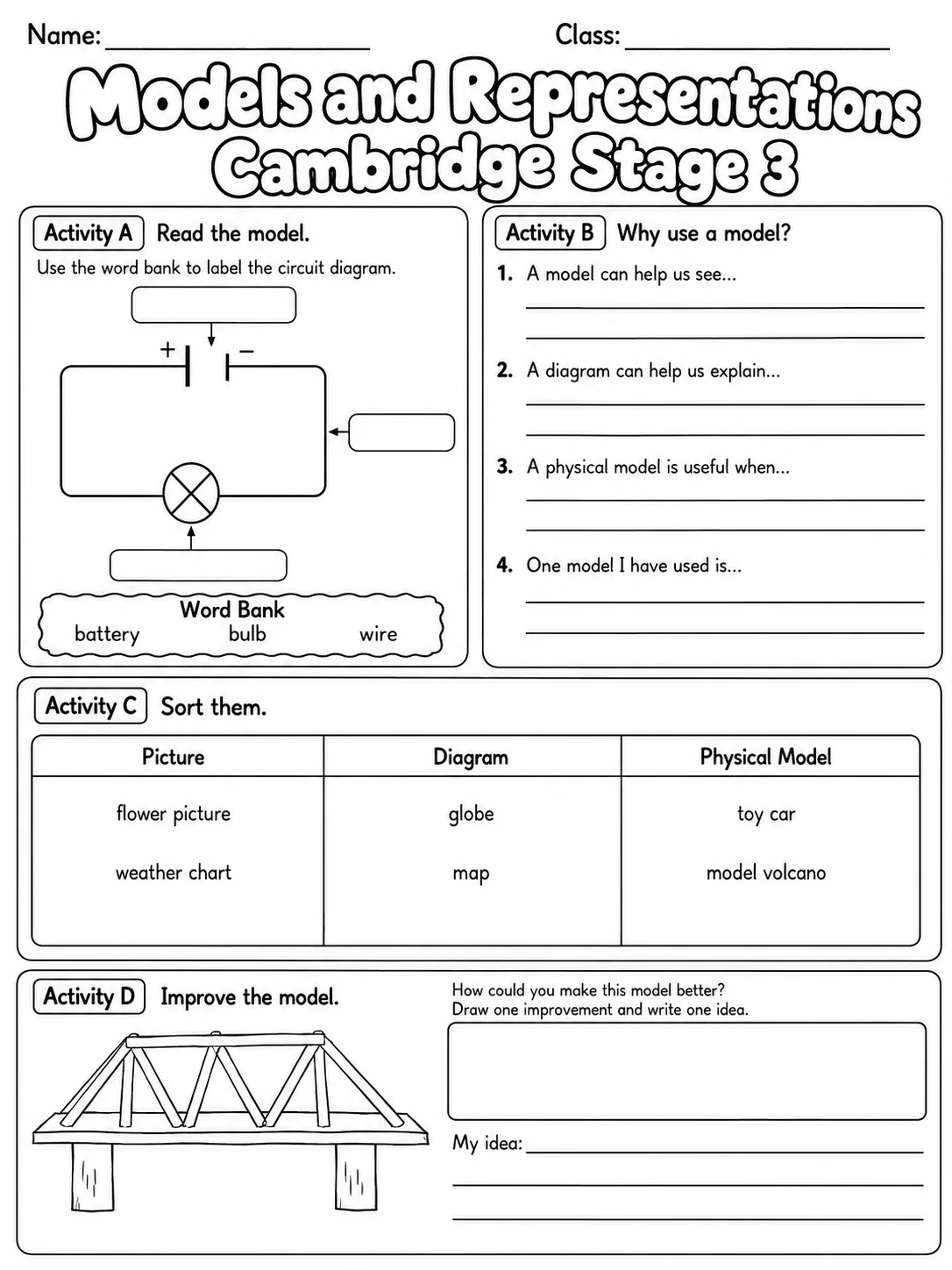 Models and Representations Cambridge Stage 3 page 7 printable Cambridge science worksheet preview