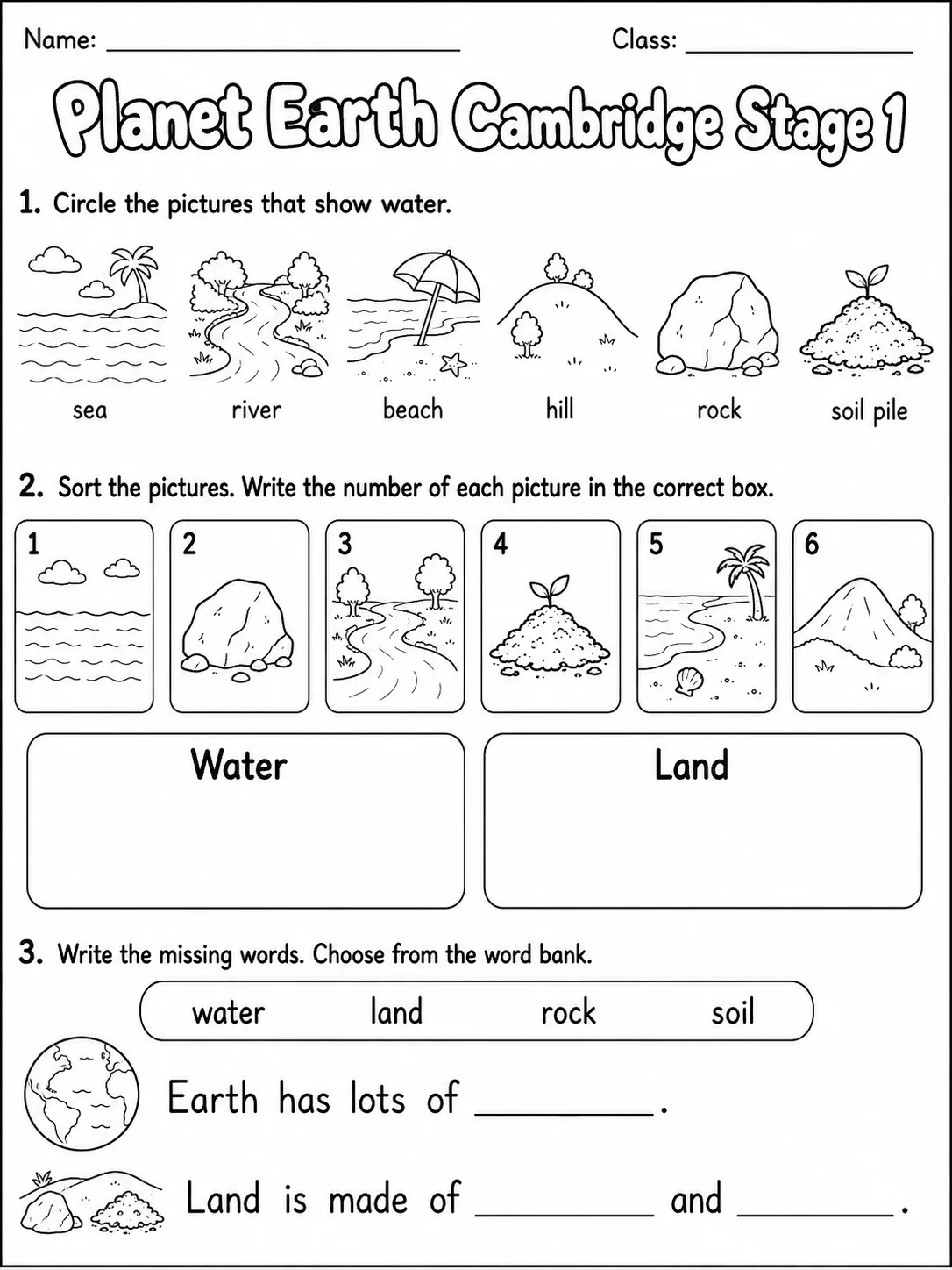Planet Earth Cambridge Stage 1 page 2 printable Cambridge science worksheet preview