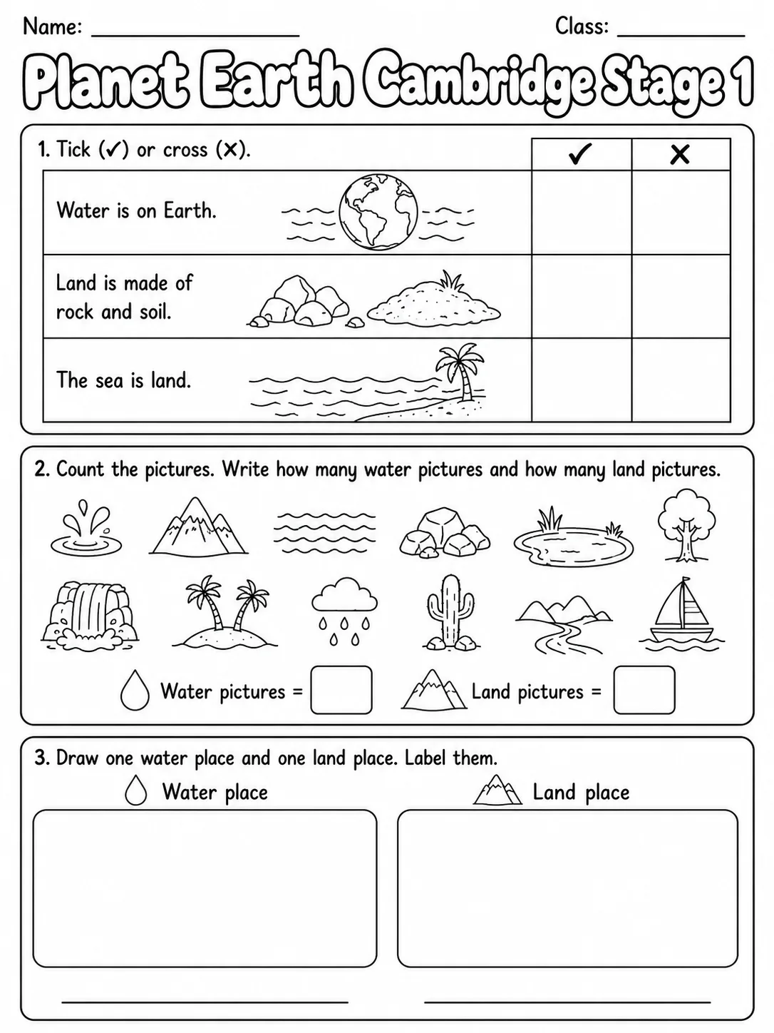 Planet Earth Cambridge Stage 1 page 3 printable Cambridge science worksheet preview