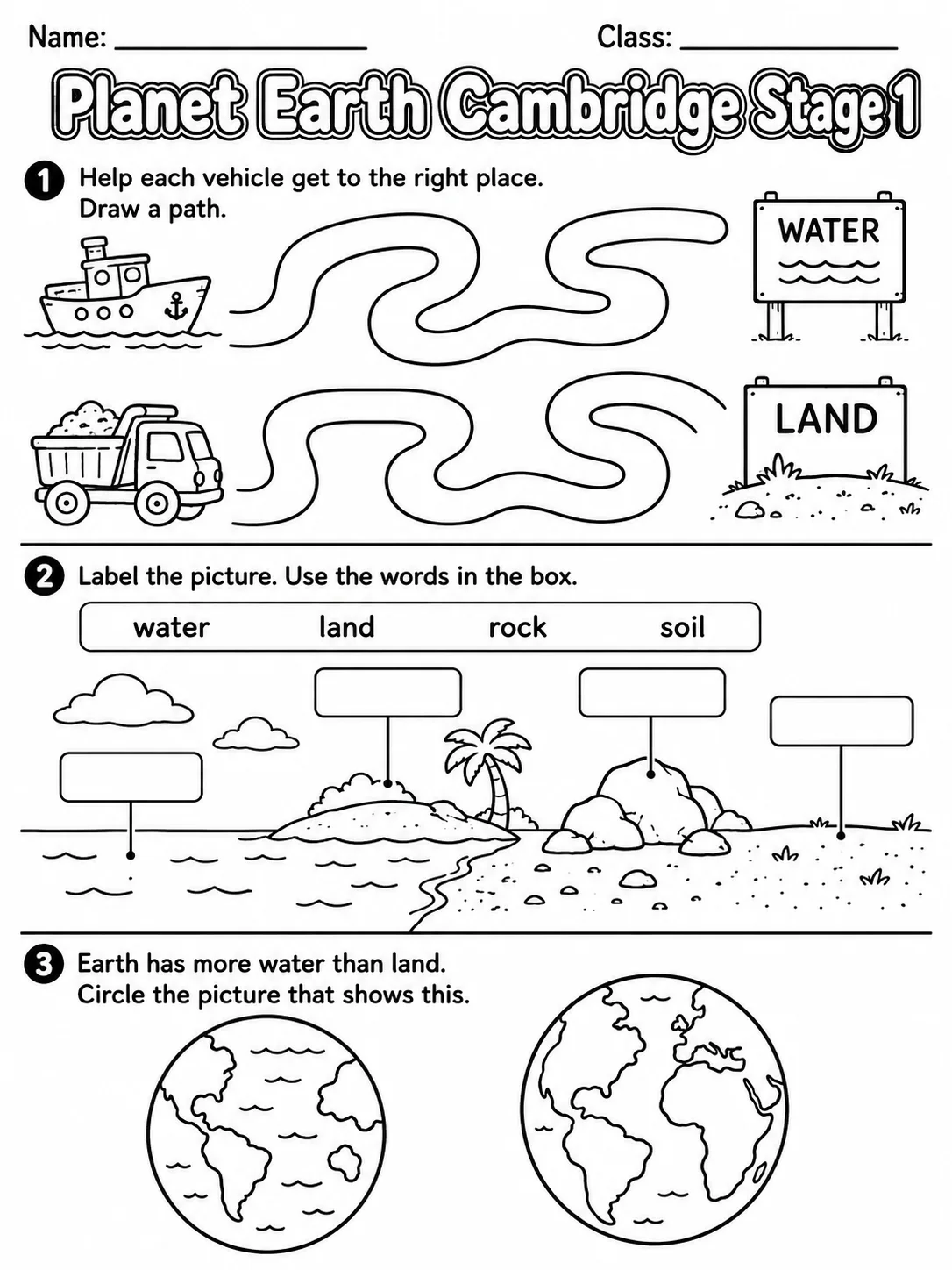 Planet Earth Cambridge Stage 1 page 4 printable Cambridge science worksheet preview