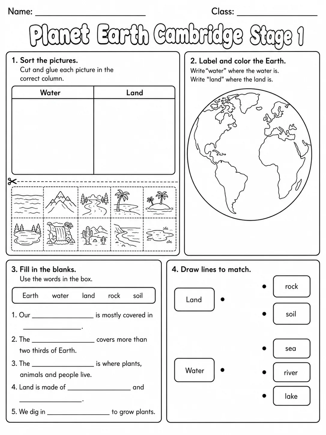 Planet Earth Cambridge Stage 1 page 6 printable Cambridge science worksheet preview