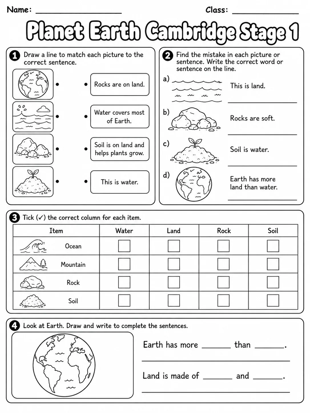 Planet Earth Cambridge Stage 1 page 9 printable Cambridge science worksheet preview