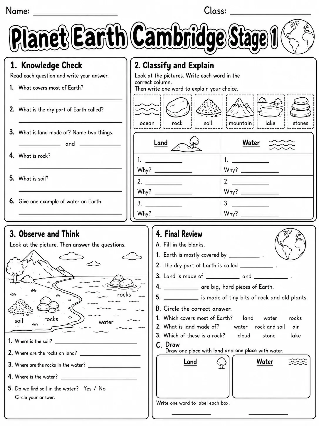 Planet Earth Cambridge Stage 1 page 10 printable Cambridge science worksheet preview