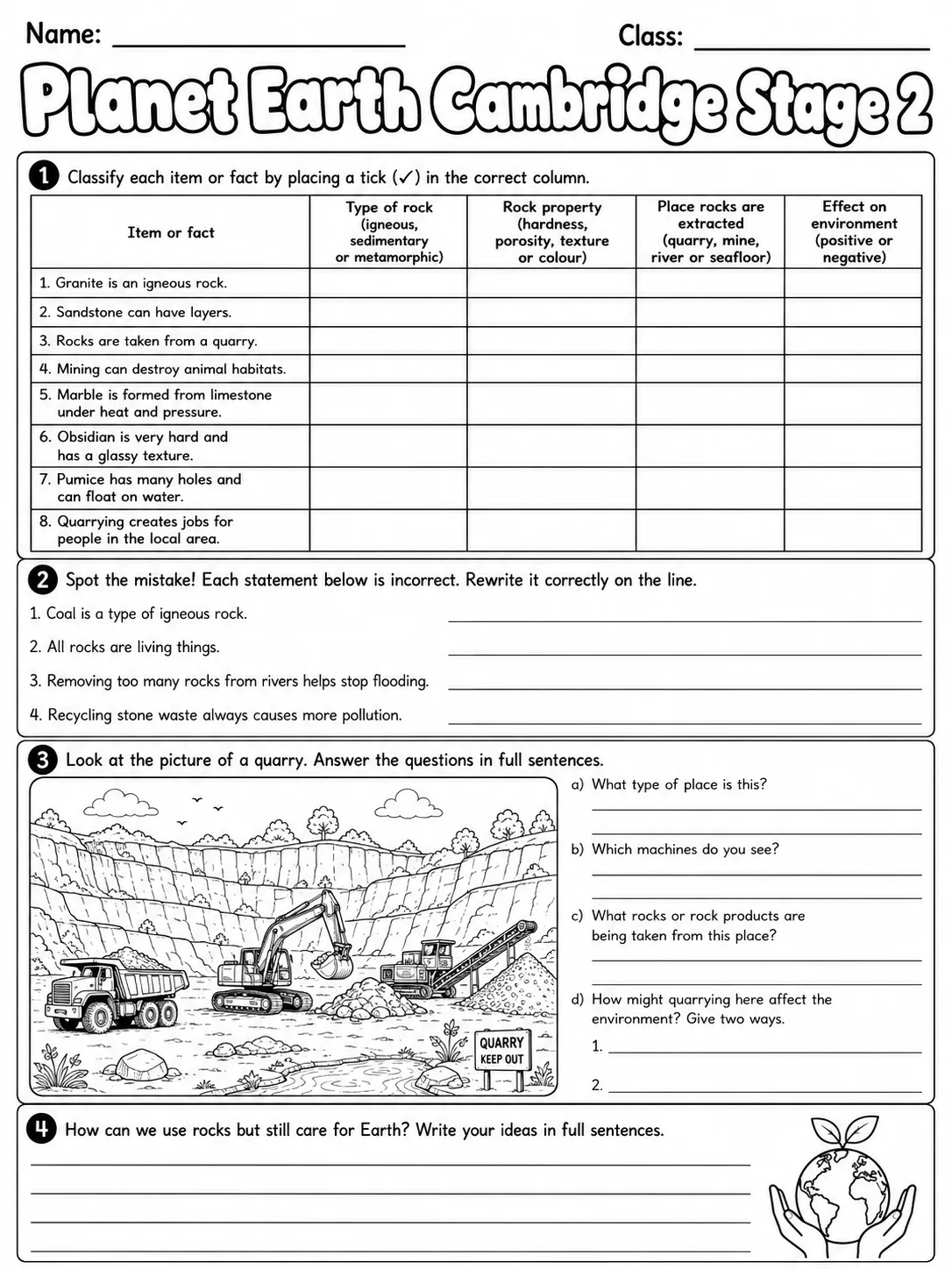 Planet Earth Cambridge Stage 2 page 8 printable Cambridge science worksheet preview