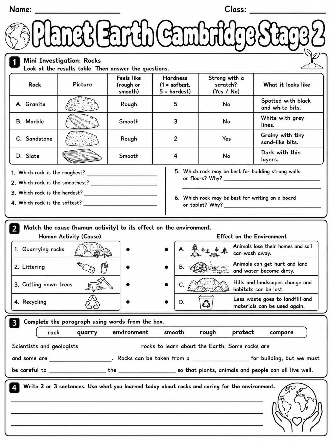 Planet Earth Cambridge Stage 2 page 9 printable Cambridge science worksheet preview