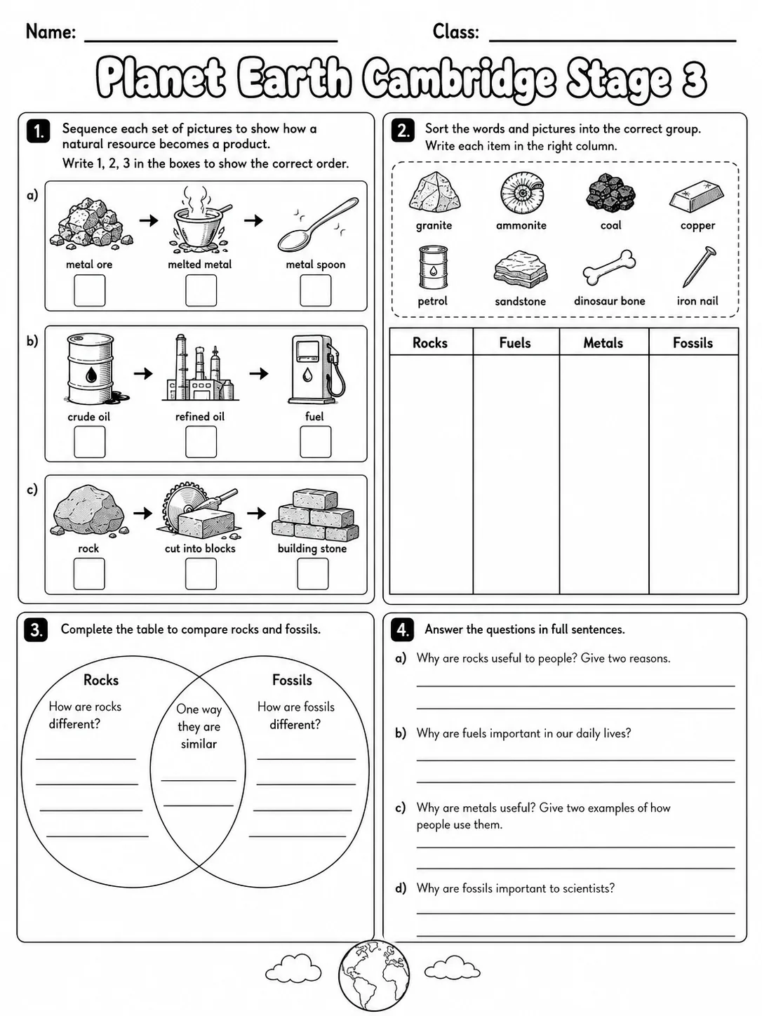 Planet Earth Cambridge Stage 3 page 6 printable Cambridge science worksheet preview