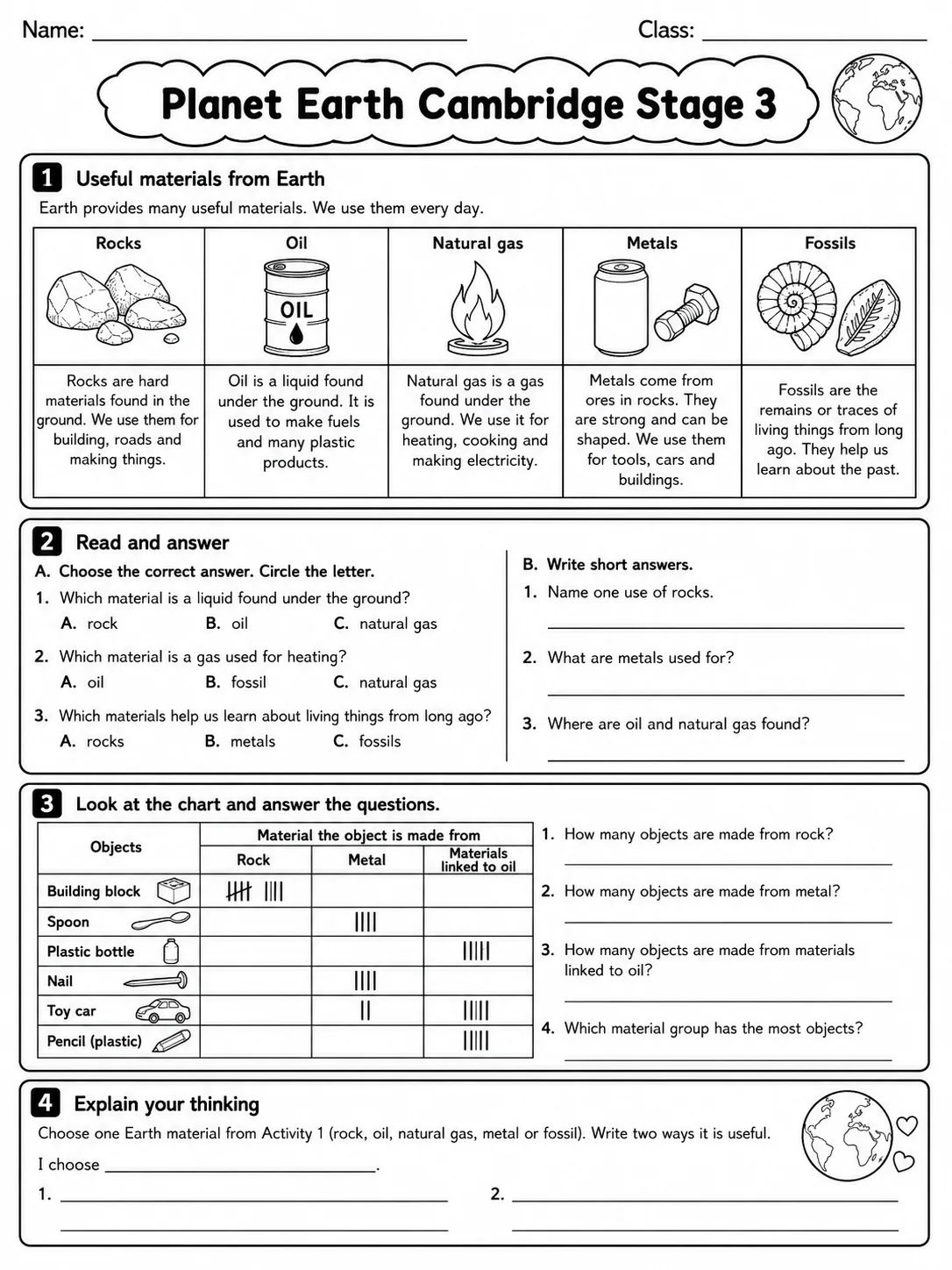 Planet Earth Cambridge Stage 3 page 7 printable Cambridge science worksheet preview