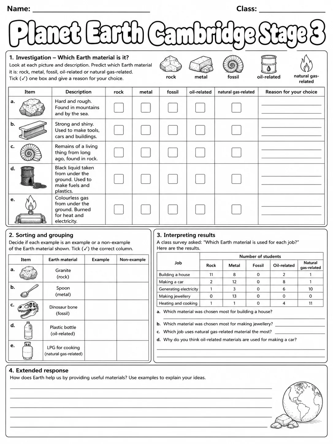 Planet Earth Cambridge Stage 3 page 9 printable Cambridge science worksheet preview