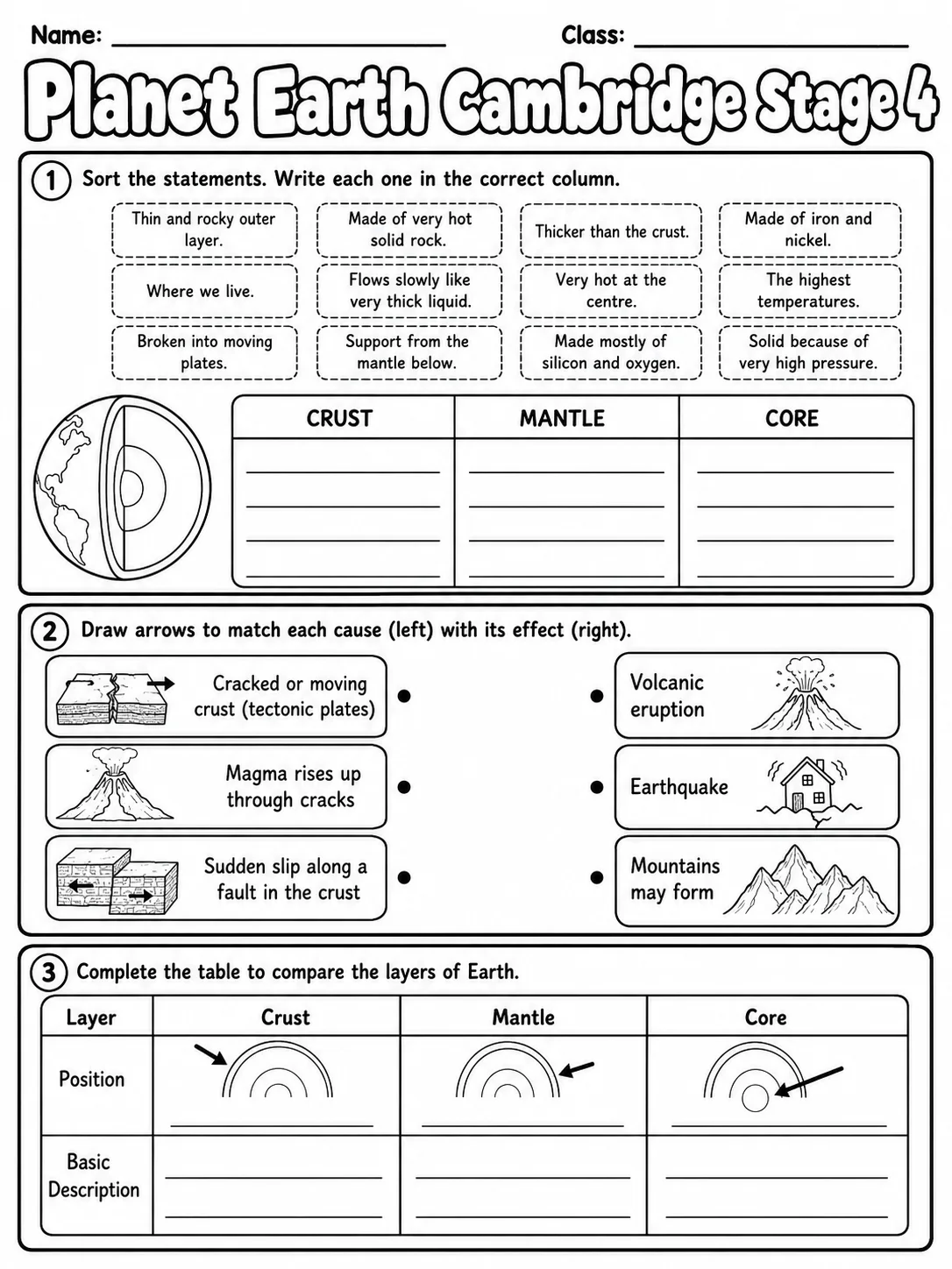 Planet Earth Cambridge Stage 4 page 3 printable Cambridge science worksheet preview