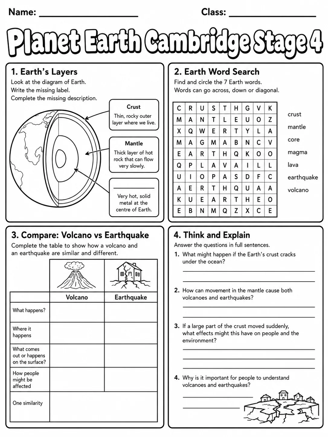 Planet Earth Cambridge Stage 4 page 6 printable Cambridge science worksheet preview