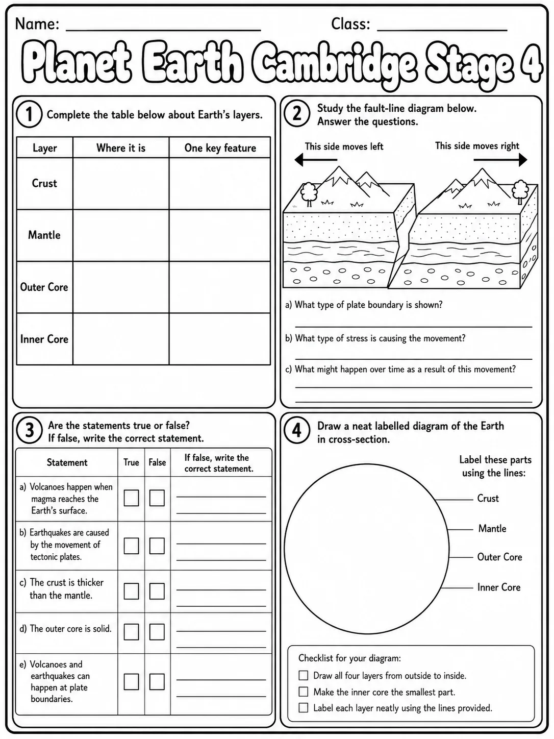 Planet Earth Cambridge Stage 4 page 8 printable Cambridge science worksheet preview