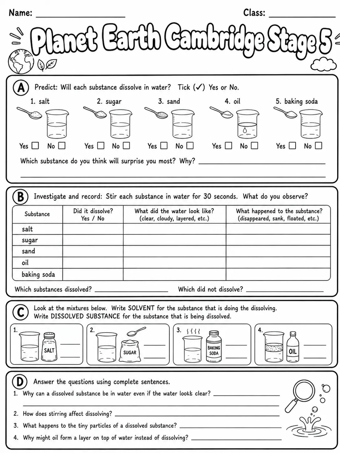 Planet Earth Cambridge Stage 5 page 7 printable Cambridge science worksheet preview