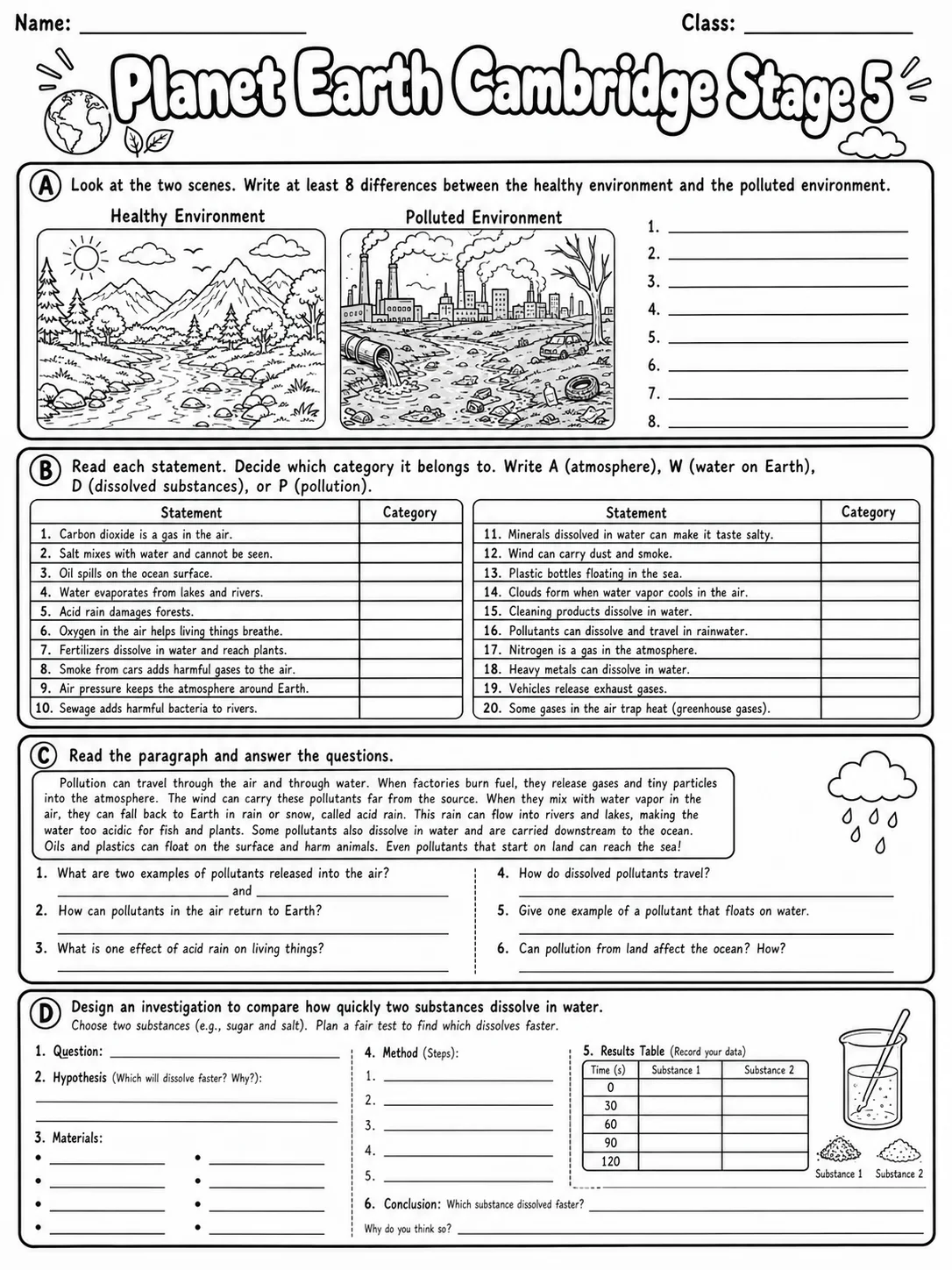 Planet Earth Cambridge Stage 5 page 9 printable Cambridge science worksheet preview