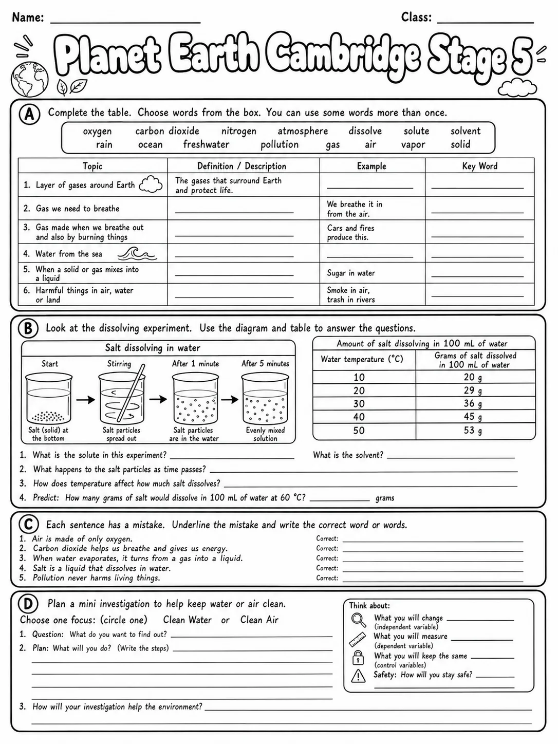Planet Earth Cambridge Stage 5 page 10 printable Cambridge science worksheet preview