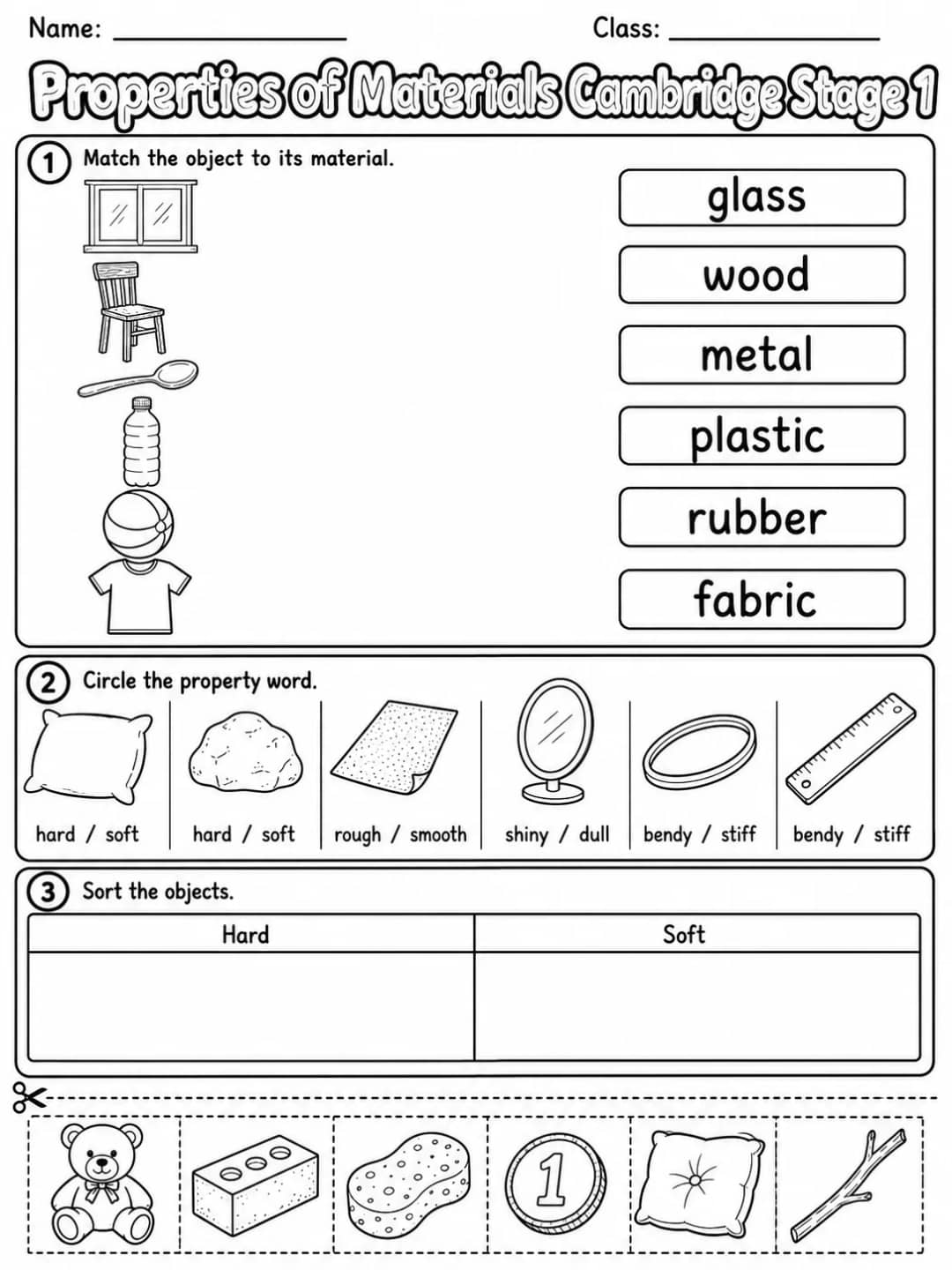 Properties of Materials Cambridge Stage 1 printable Cambridge Primary Science Stage 1 worksheet preview from KiwiBee